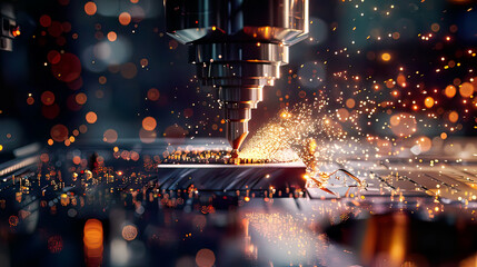 Photorealistic image of a vertical mill in anCNC metal machining process intricate details of the milling operation bright sparks sharp and high-tech