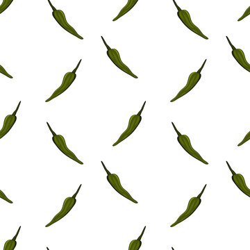 Seamless pattern, background with ripe green chili peppers. Jalape&ntilde;a. Hand drawn doodle style. For textiles, illustrations, packaging paper, printing about natural vitamins and healthy eating