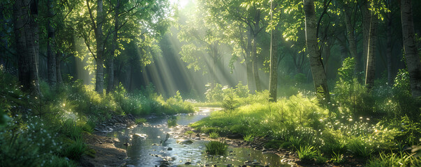 Fototapeta premium A tranquil forest glen, with sunlight filtering through the trees and casting dappled shadows on the forest floor.