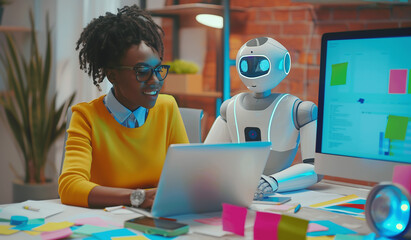 Happy African woman working in an office with robot colleague