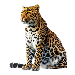 Leopard Sitting and Looking Forward Isolated on White Background,cutout on transparent backgrounds.
