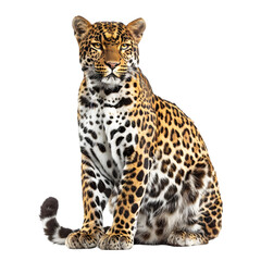 Obraz premium Leopard Sitting and Looking Forward Isolated on White Background,cutout on transparent backgrounds.