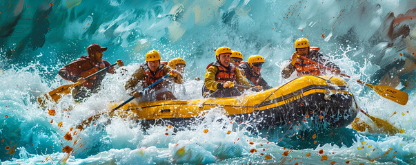 A group of friends embarking on an exhilarating whitewater rafting adventure, navigating rapids and splashing through waves.