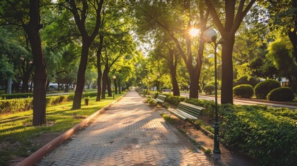 Obraz premium Sunlit Pathway Through a Tranquil Park