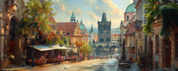 Naklejka premium A charming cobblestone street scene in Prague, with medieval architecture, quaint cafes, and the iconic Charles Bridge spanning the Vltava River.