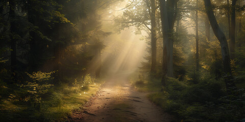 A serene forest path illuminated by golden sunlight filtering through the trees and mist