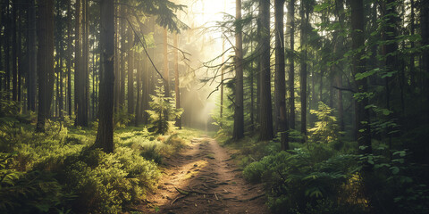 Obraz premium A quiet forest path with sunlight filtering through the trees