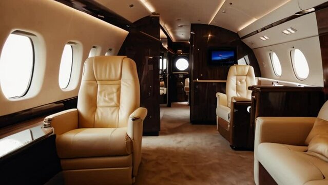 Luxurious Private Jet Interior with Leather Seats and TV