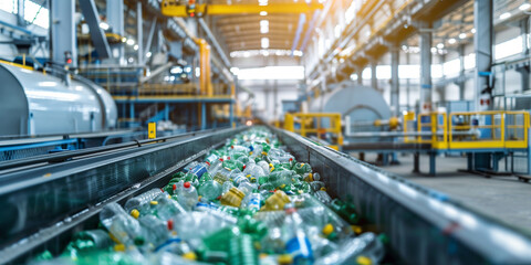 Fototapeta premium Plastic bottles being processed in a recycling facility, moving along a conveyor belt