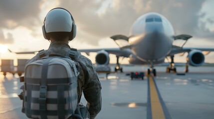 Cargo pilot loading aircraft focus on, close up cargo transport cargo plane.