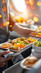 Flight steward distributing meals close up, focus on meal service airplane aisle