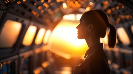 Cabin crew leader ensuring comfort selective focus, close up passenger comfort surreal, silhouette firstclass section