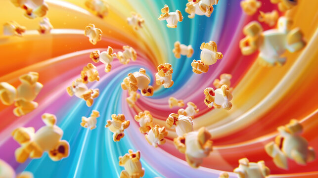 Popcorn is flying on a rainbow background