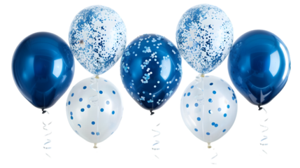 Blue and White Balloons with Confetti,cutout on transparent backgrounds.
