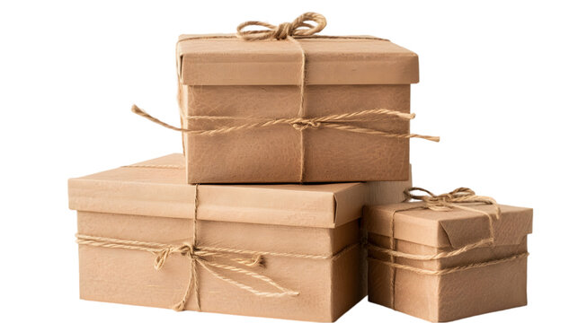 Brown Gift Boxes with Twine,cutout on transparent backgrounds.