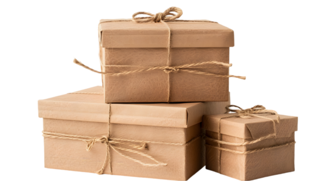 Brown Gift Boxes with Twine,cutout on transparent backgrounds.