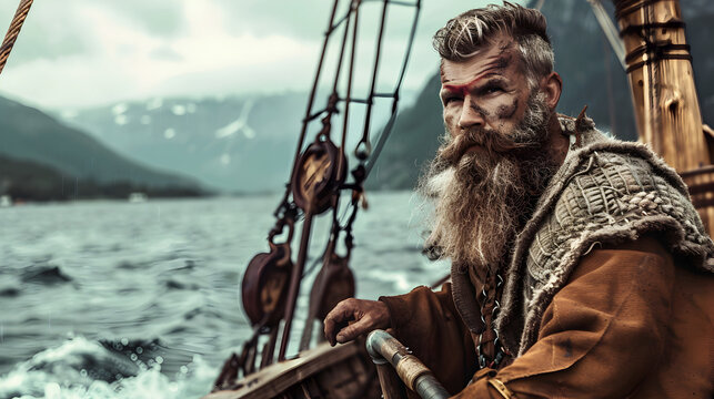 Viking ship captain with a long beard and a weathered face, steering a longship.


