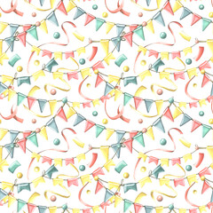 Obraz premium Hanging garlands with flags, confetti, ribbons and serpentine. Watercolor illustration, hand drawn. Seamless pattern festive for birthday on a white background.