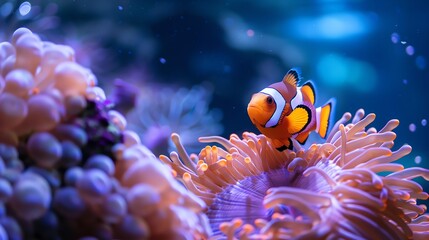 A Clownfish, known for their vibrant orange color, nestled in a sea anemone in a tranquil blue aquarium environment