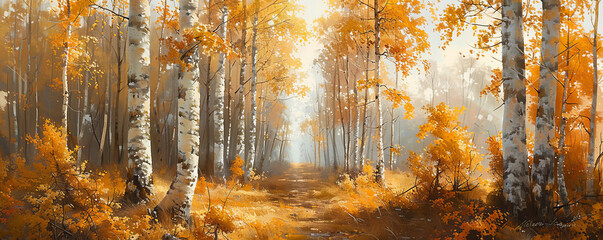 Fototapeta premium Birch forest in autumn, golden leaves, white trunks, fall colors, woodland tranquility.