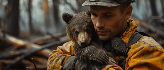 A rugged rescuer cradles a young bear in his arms, a powerful image of wildlife rescue and the human effort to protect vulnerable species