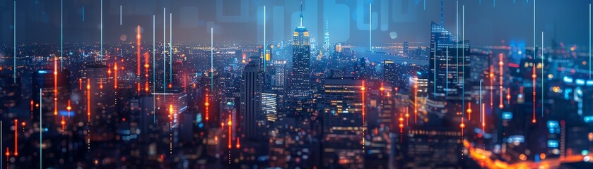 Fototapeta premium City skyline with glowing financial data charts overlayed, illuminated by night lights