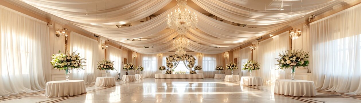 Elegant wedding venue with white drapes, chandeliers, and floral arrangements, wideangle view