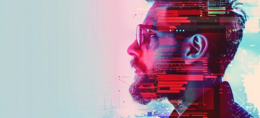 The image shows a man wearing glasses with a red and blue glitch effect over his face. The background is white with a gradient to light blue on the right side.