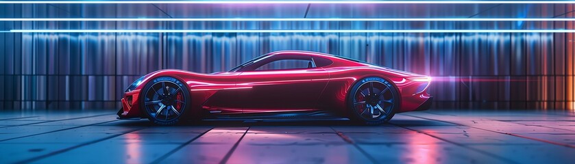 Red holographic car model in a futuristic design lab, blue neon lighting, hightech