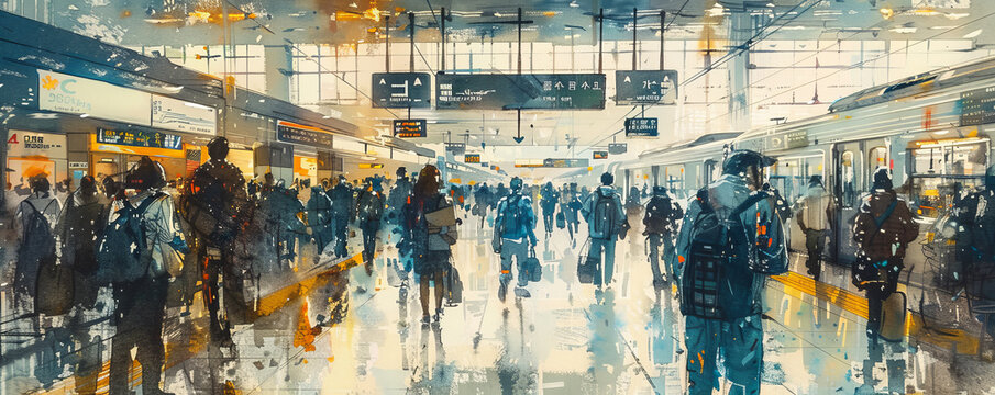 An artist sketching portraits of strangers in a bustling train station, capturing the diversity of city life.