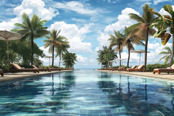 Fototapeta premium Luxurious infinity pool with tranquil waters at a tropical resort, flanked by palm trees and sun loungers under clear blue skies