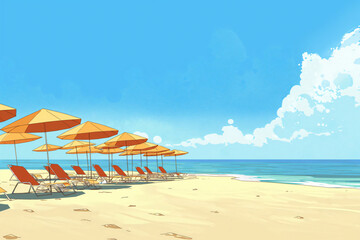 Fototapeta premium Digital illustration featuring a series of orange umbrellas and lounge chairs arrayed along a tranquil, sandy beach