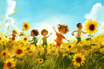 Illustration of carefree children running and smiling amidst tall sunflowers under a radiant blue sky, embodying freedom and happiness