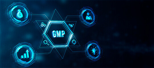 Internet, business, Technology and network concept. Good manufacturing practice certification quality control on virtual screen. GMP. 3d illustration