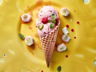 Raspberry ice cream in a waffle cone with caramel syrup, banana, coconut slices and raspberries. food photography
