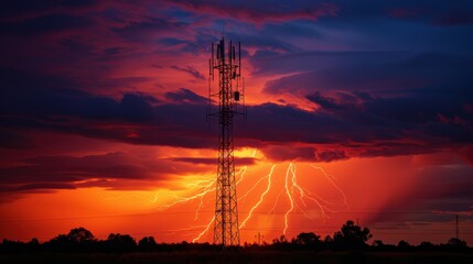 lightning strikes a mobile tower against the backdrop of a big city.