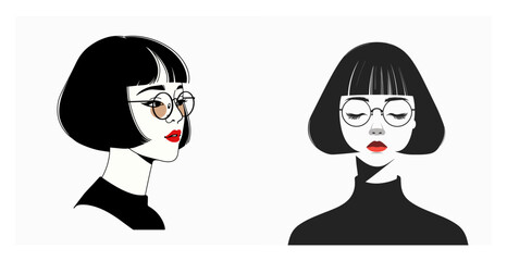 Asian girl, black bowl cut, small eyes, with glasses, minimalist, sketch, white background, figurehead 2D graphic superflat Logo, vector, woman, Minimalist coquelicot color Headshot