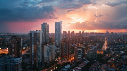 Fototapeta premium photo of lightning against the backdrop of a large modern city with tall buildings.