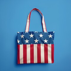 Fototapeta premium American Flag Tote Bag on Blue Background
