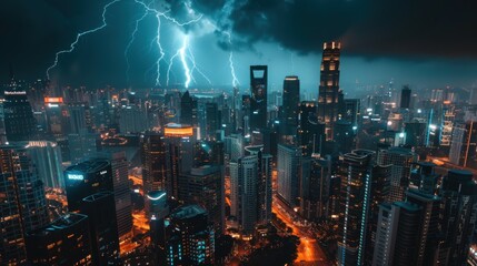 Fototapeta premium photo of lightning against the backdrop of a large modern city with tall buildings.
