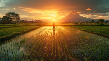 A scene of a farmer planting rice at sunrise, the golden light illuminating the green paddy fields, creating a serene and picturesque moment, isolated on a white background. 