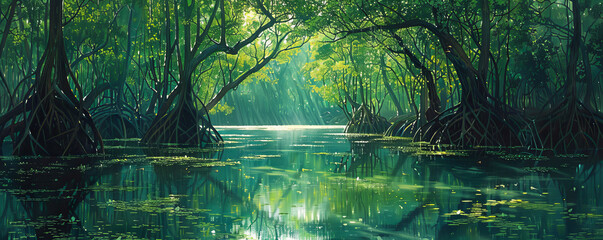 Obraz premium A tranquil mangrove forest teeming with life, with tangled roots and vibrant green foliage reflected in calm waters.