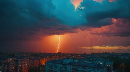 photo of lightning against the backdrop of a large modern city with tall buildings.