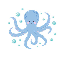 Childrens cute animal. Funny octopus and bubbles around it. Sea and ocean life vector illustration