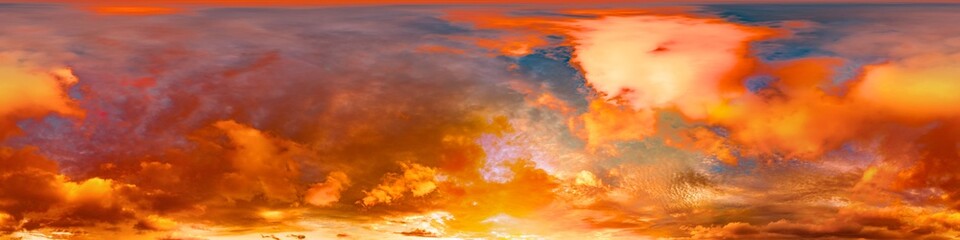 360 panorama of glowing sunset sky with bright pink Cirrus clouds. HDR 360 seamless spherical panorama. Full zenith or sky dome sky replacement for aerial drone panoramas. Climate and weather change.