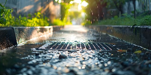 Efficient street water drainage system effectively manages rainwater flow. Concept Urban Infrastructure, Stormwater Management, Rainwater Drainage, City Planning, Water Conservation