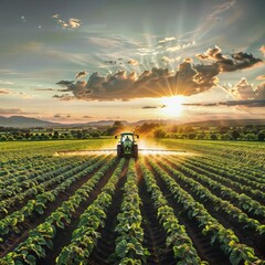 A red tractor with a mounted sprayer attachment traverses a vast field of green crops bathed in the warm light of a sunset.