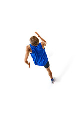 Young man in motion, runner showing athletic performance and skills isolated on white studio background. Isometric view. Concept of sport, marathon, competition, healthy and active lifestyle