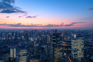 Obraz premium Beautiful cityscape at dusk with illuminated buildings and a cloudy sky.