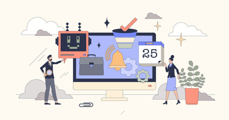 Talent acquisition automation using AI tiny person neubrutalism concept. Human resources work optimization using artificial intelligence and filtering system with CV analysis vector illustration.